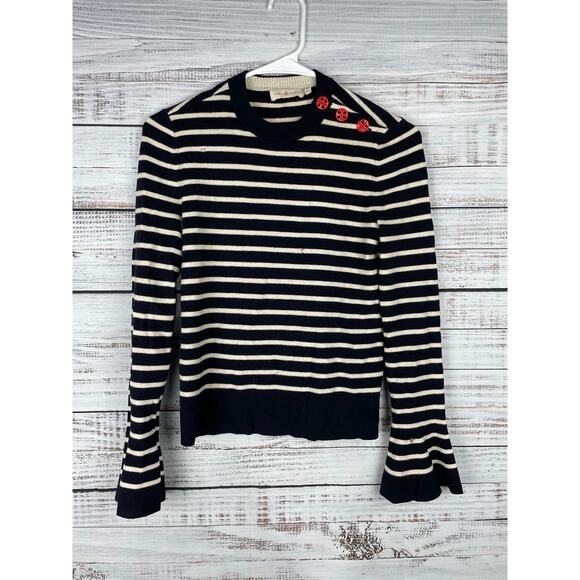 Tory Burch Sweaters - Tory Burch 100% Merino Wool Navy Blue Stripe Sweater Small Red Buttons FLAWED